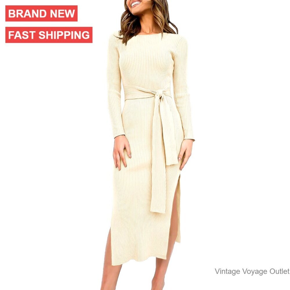 Ribbed Knit Midi Sweater Dress, Long Sleeve, Tie Waist, Size S